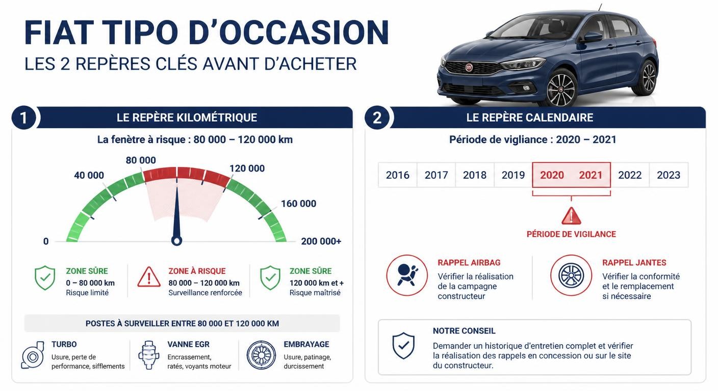Infographie des kilométrages à risque et millésimes rappelés sur la Fiat Tipo d'occasion : fenêtre 80 000-120 000 km et années 2020-2021