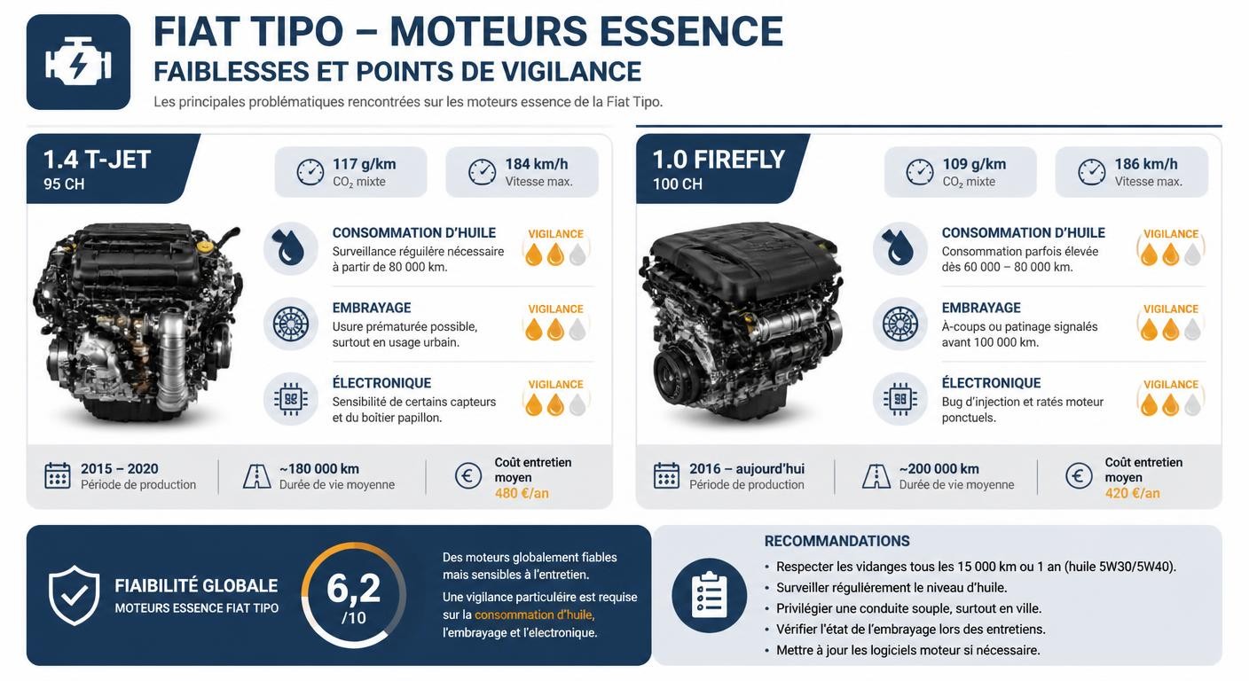 Infographie des points faibles des moteurs essence de la Fiat Tipo (1.4 T-Jet et 1.0 Firefly)
