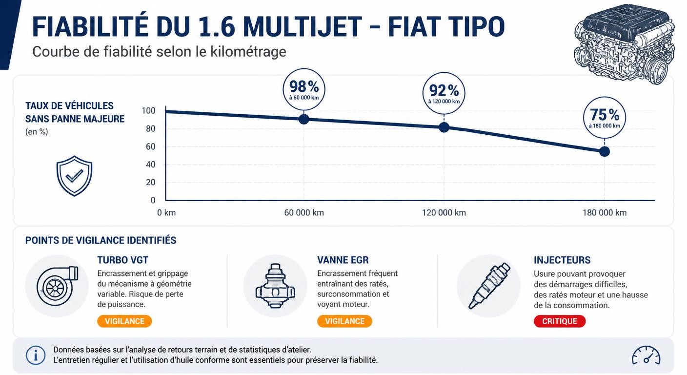 Infographie de la courbe de fiabilité du moteur 1.6 MultiJet de la Fiat Tipo par tranche kilométrique