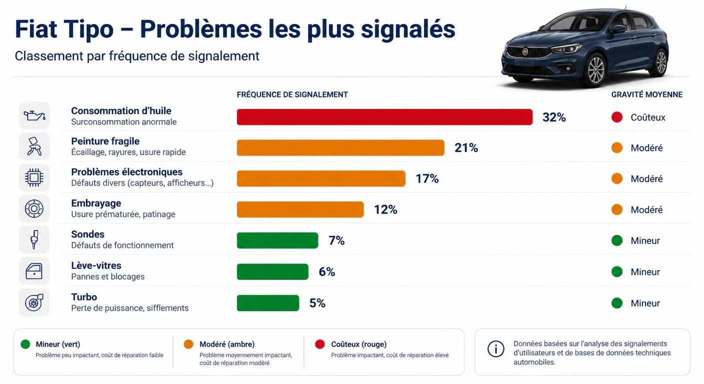 Infographie classant les pannes les plus signalées de la Fiat Tipo par fréquence et gravité