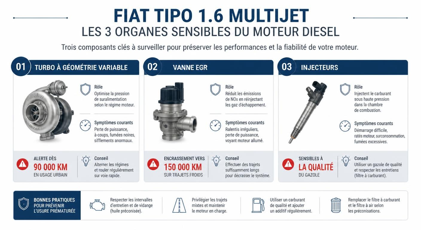 Infographie des trois organes diesel à surveiller sur la Fiat Tipo : turbo VGT, vanne EGR et injecteurs avec kilométrages d'alerte