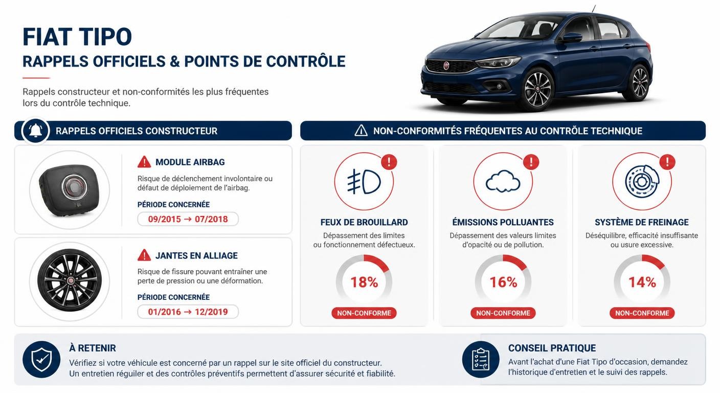 Infographie des rappels constructeur de la Fiat Tipo et des points de contrôle technique à vérifier