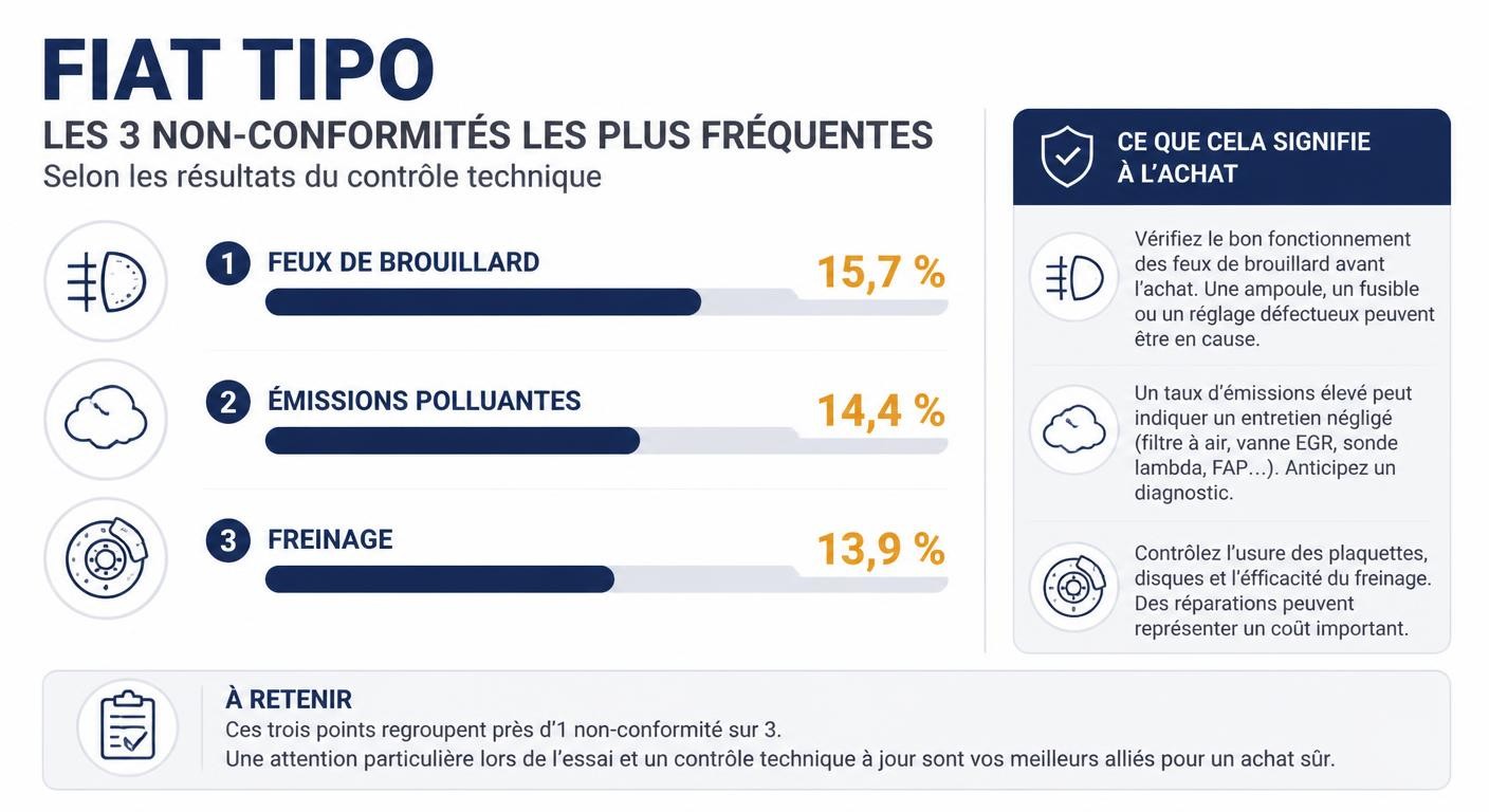 Infographie des trois non-conformités les plus fréquentes au contrôle technique de la Fiat Tipo : feux de brouillard, émissions et freinage avec leurs taux respectifs