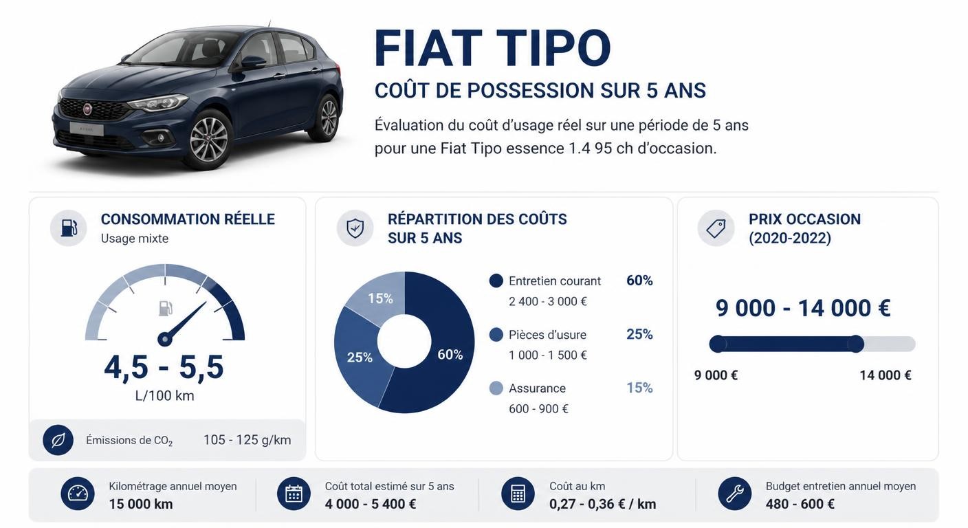 Infographie du coût de possession de la Fiat Tipo : consommation réelle, entretien et cote occasion