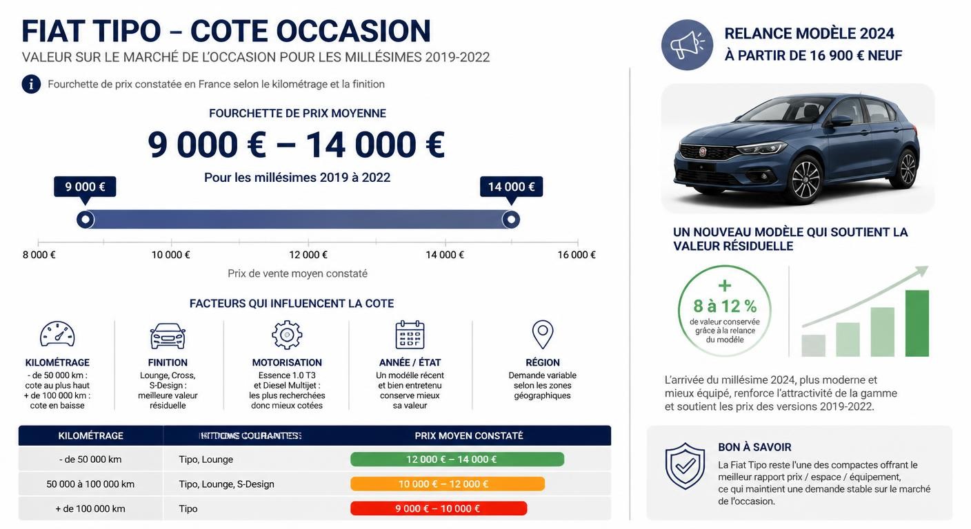 Infographie de la cote occasion et de la décote de la Fiat Tipo 2019-2022 avec effet de la relance 2024 sur la valeur résiduelle