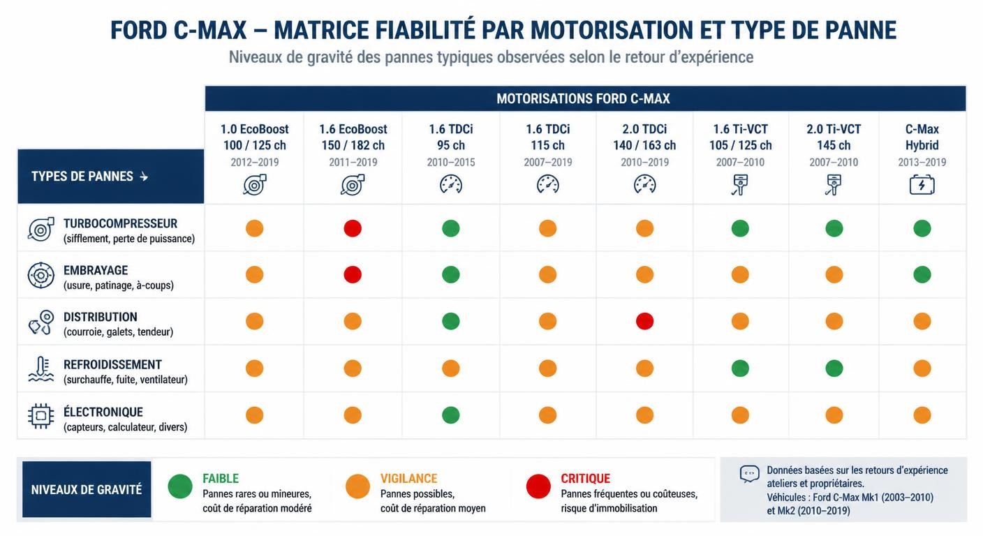 Infographie récapitulant les problèmes connus du Ford C-Max par motorisation et type de panne.