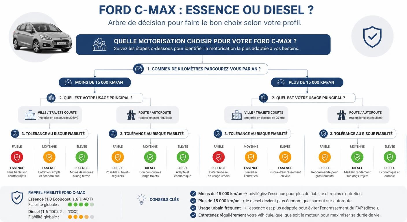 Infographie aidant à choisir entre Ford C-Max essence ou diesel selon l'usage et la fiabilité.