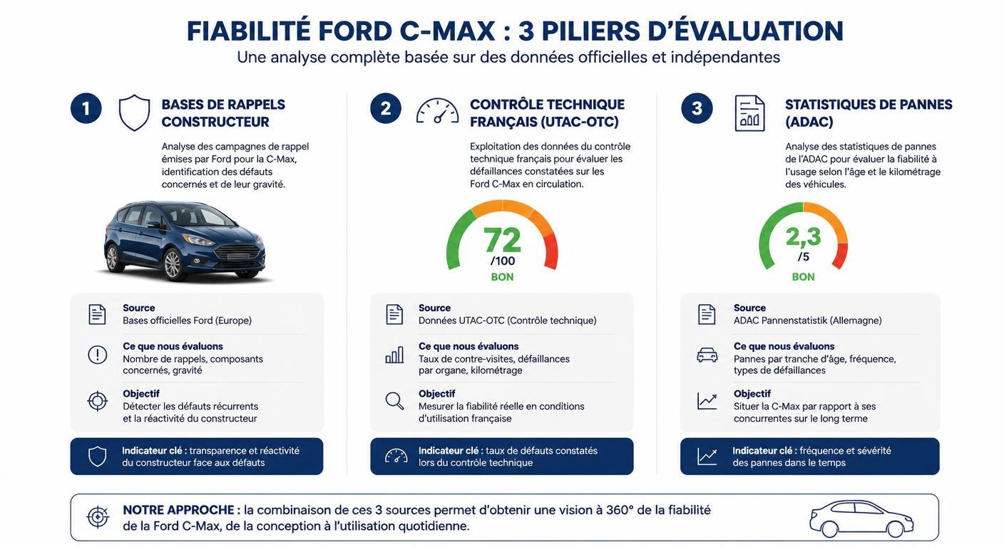 Infographie présentant les principales sources officielles pour évaluer la fiabilité d'un Ford C-Max.