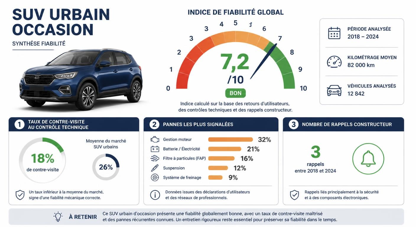 Infographie de synthèse de la fiabilité du Ford Ecosport d'occasion : score sur 10, taux de contre-visite et pannes les plus signalées