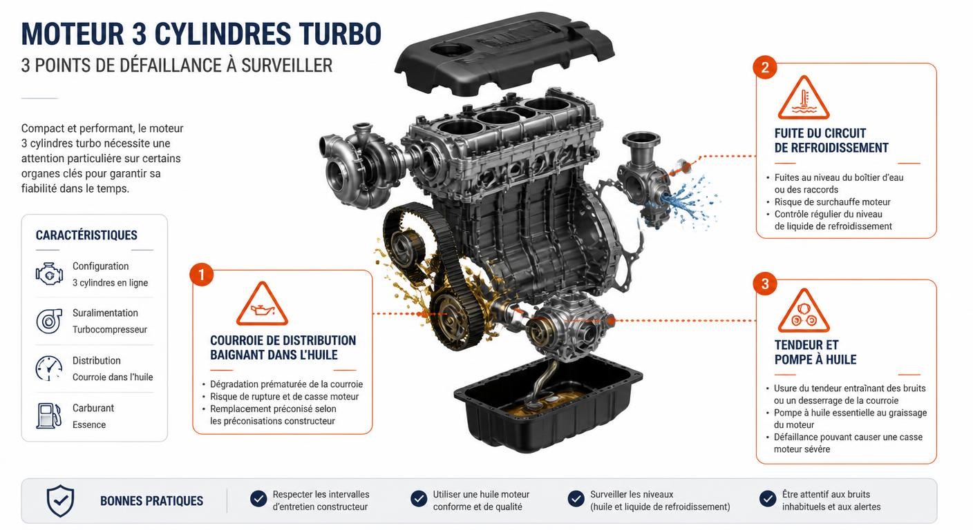 Infographie des trois points de défaillance du moteur 1.0 EcoBoost du Ford Ecosport : courroie humide, circuit de refroidissement et pompe à huile