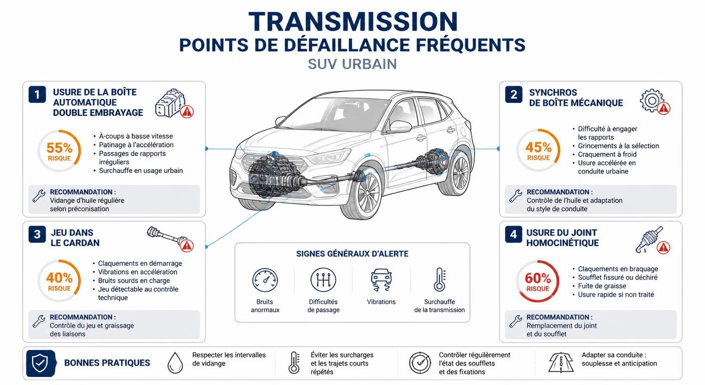 Infographie des pannes de transmission du Ford Ecosport : boîte PowerShift, boîte mécanique et cardans