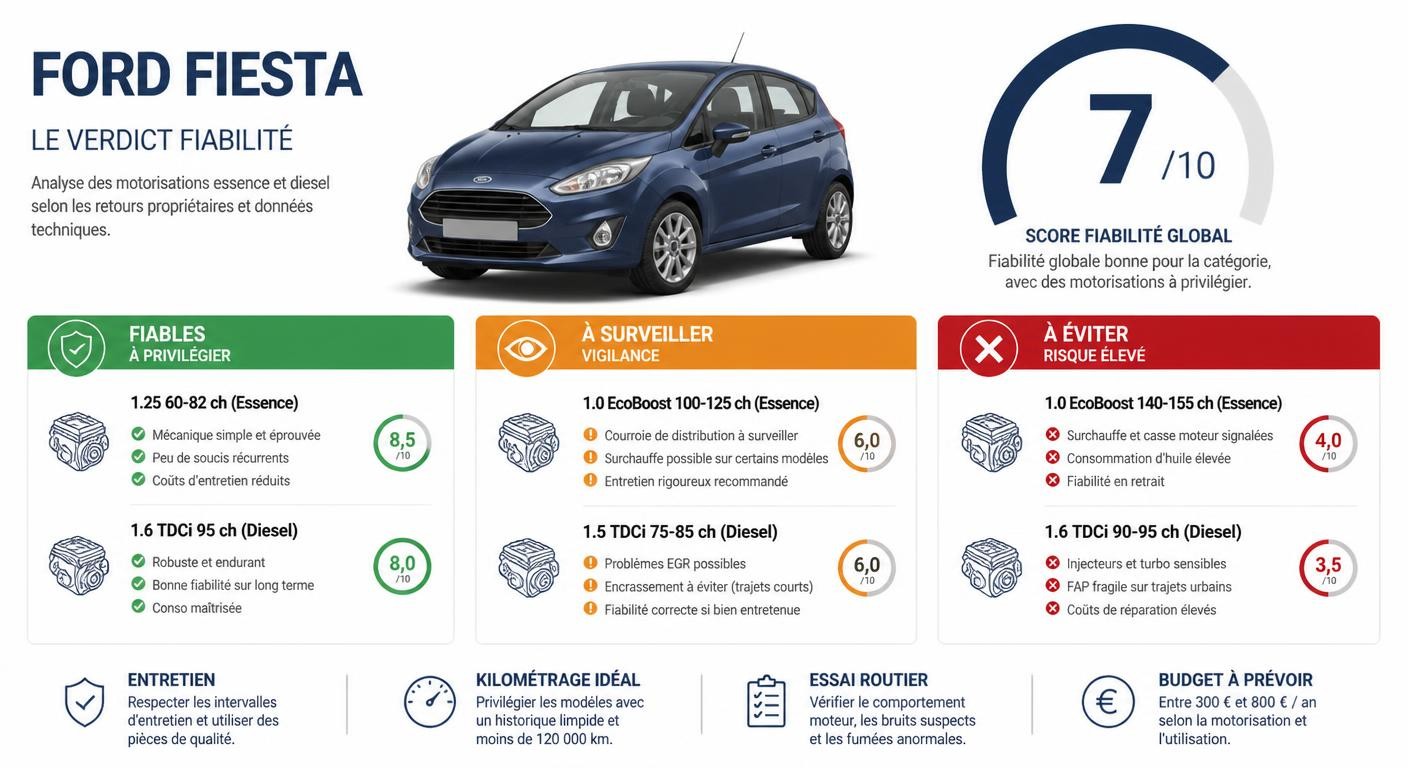 Infographie du verdict de fiabilité de la Ford Fiesta avec score sur 10