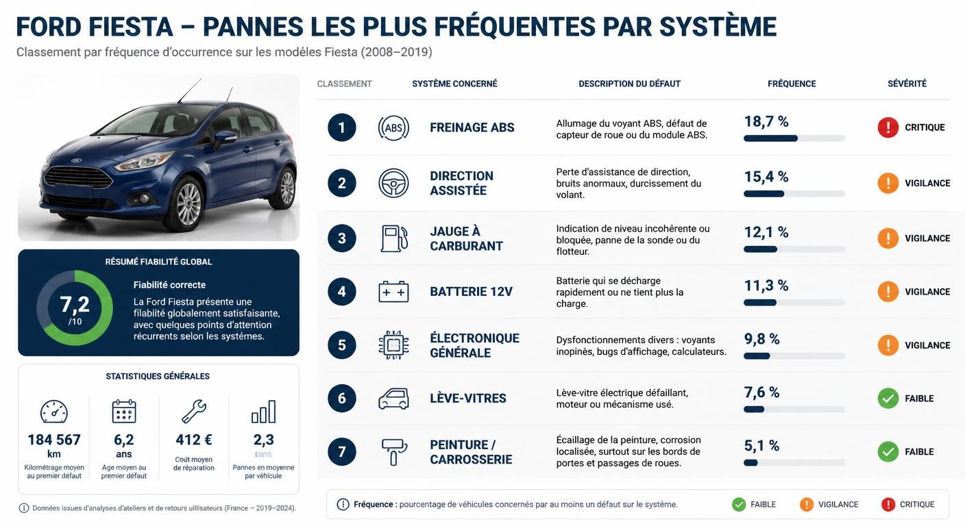 Infographie des pannes récurrentes de la Ford Fiesta classées par fréquence