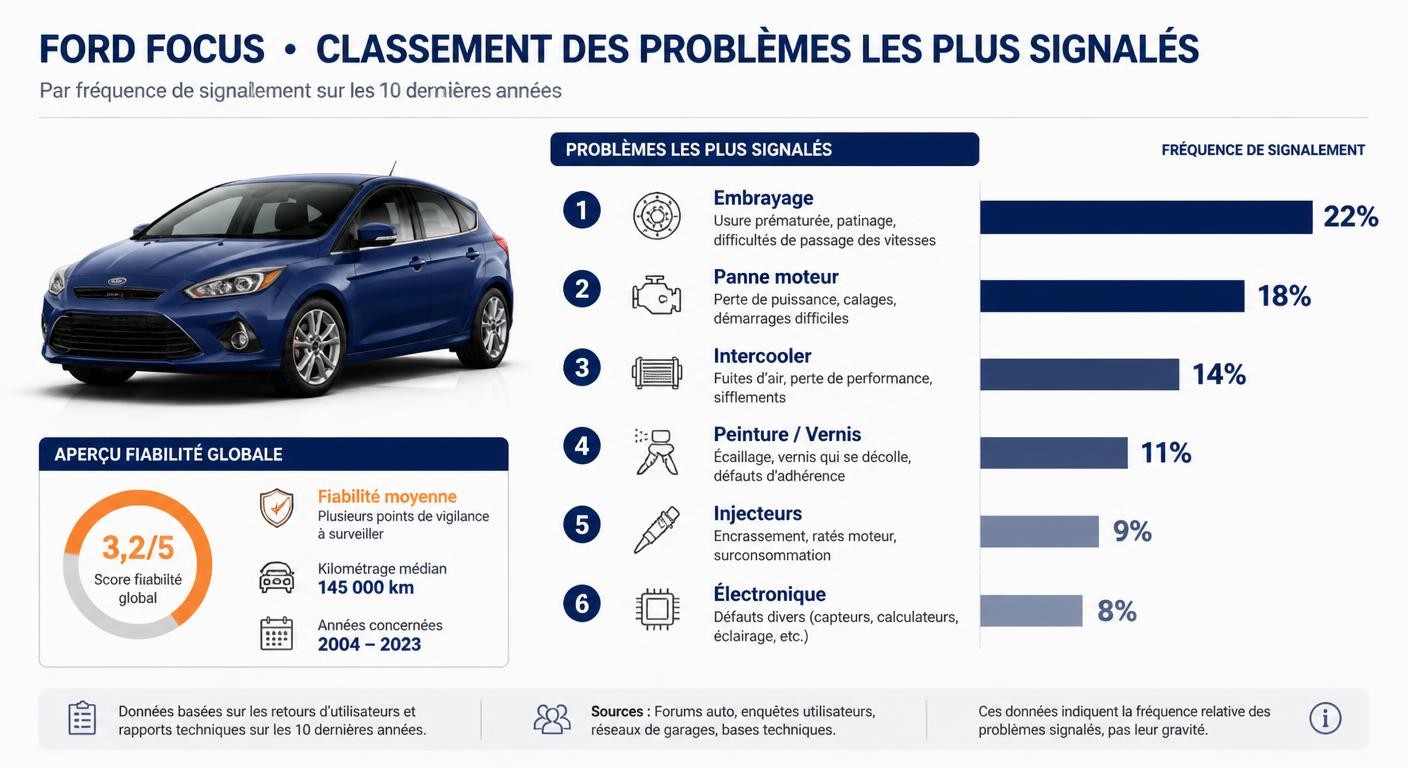 Infographie des pannes Ford Focus les plus signalées classées par fréquence