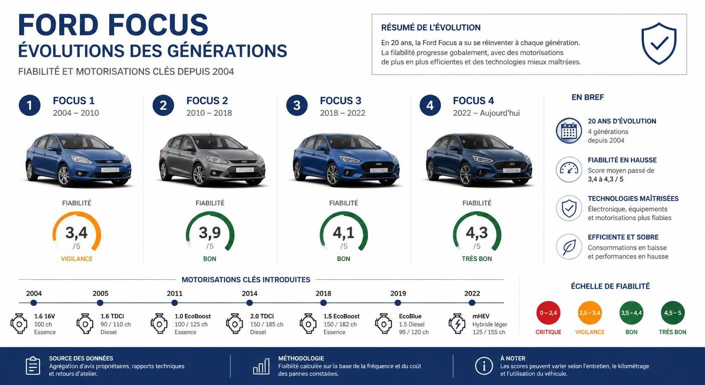 Frise des générations Ford Focus et de l'évolution de leur fiabilité