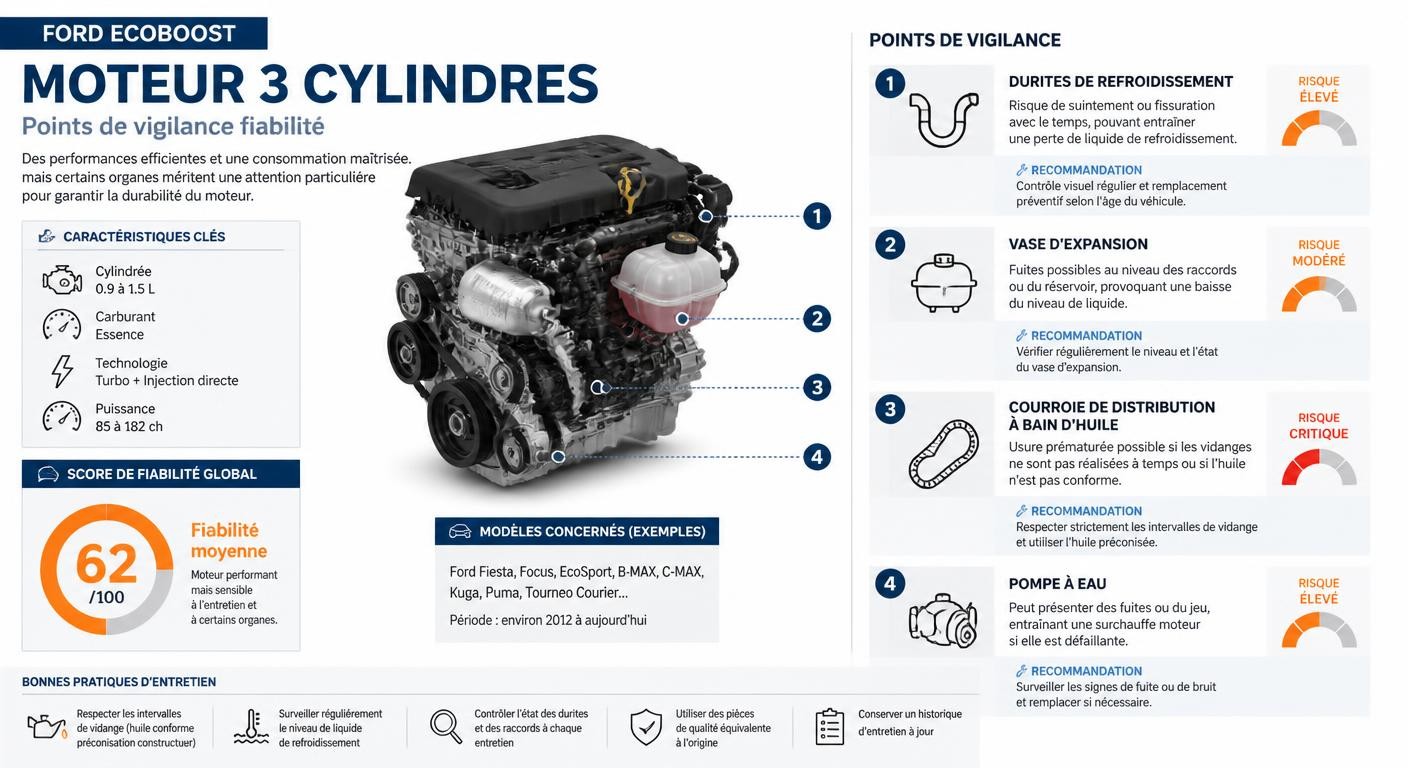 Infographie des points de vigilance du moteur EcoBoost 3 cylindres Ford Focus