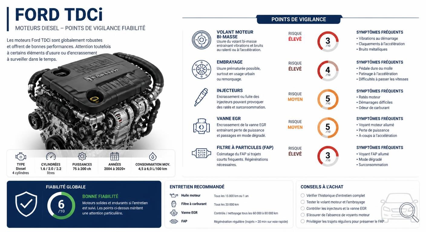 Infographie des points de vigilance des moteurs diesel TDCi de la Ford Focus