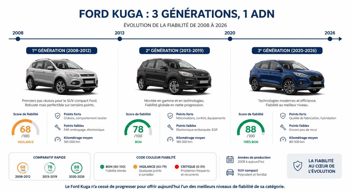 Infographie comparant la fiabilité des trois générations de Ford Kuga de 2008 à 2026