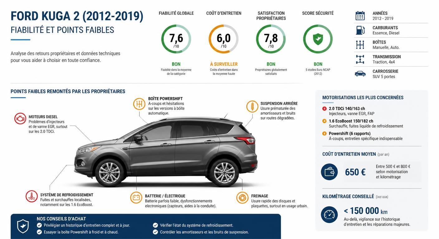 Infographie sur la fiabilité du Ford Kuga 2 (génération 2012-2019) et ses points faibles documentés