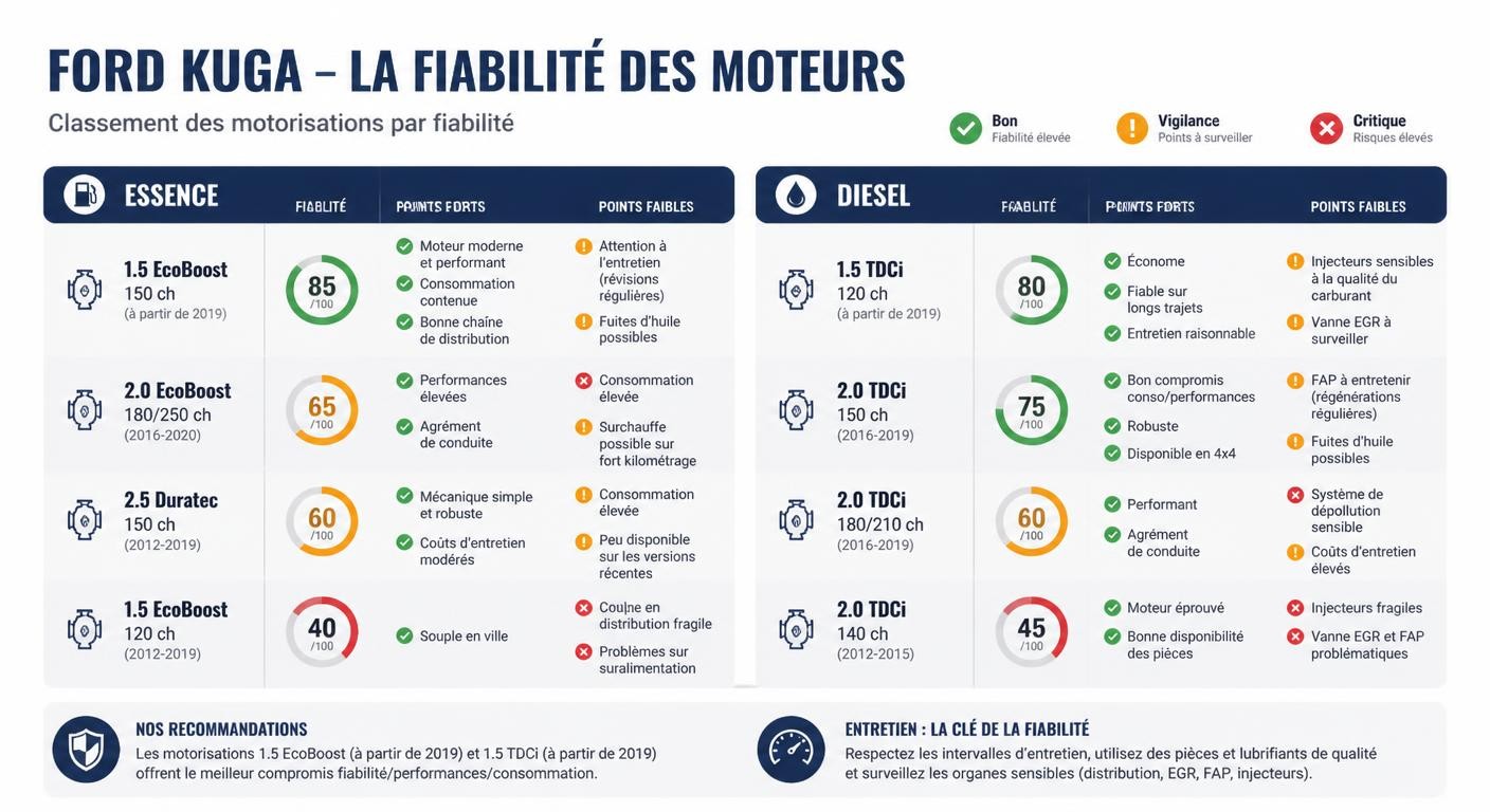 Infographie classant les motorisations du Ford Kuga par fiabilité avec leurs points faibles