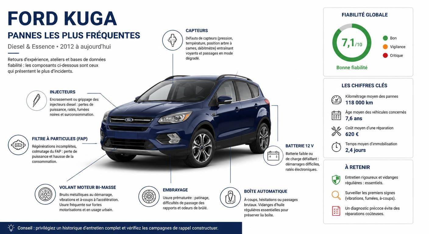 Infographie des pannes les plus fréquentes du Ford Kuga localisées sur le véhicule
