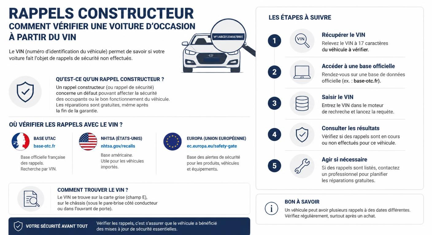 Infographie expliquant comment vérifier les rappels constructeur d'un Ford Kuga d'occasion