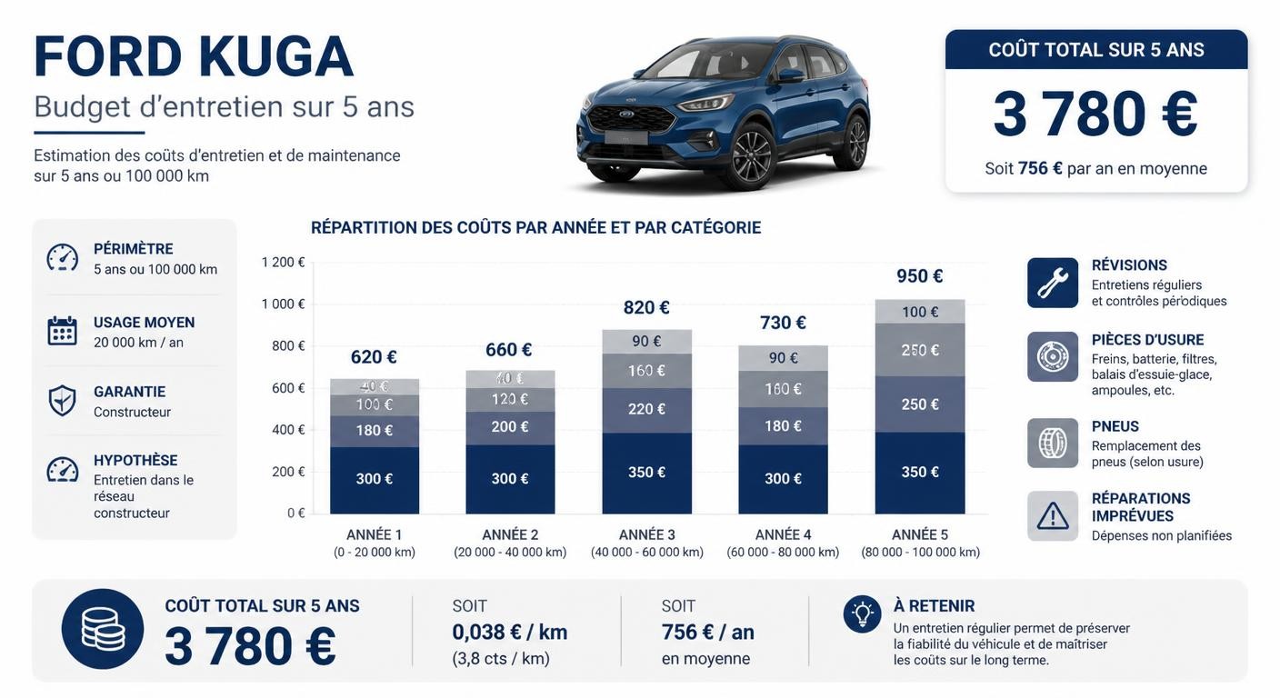 Infographie du budget d'entretien sur 5 ans d'un Ford Kuga par poste de dépense