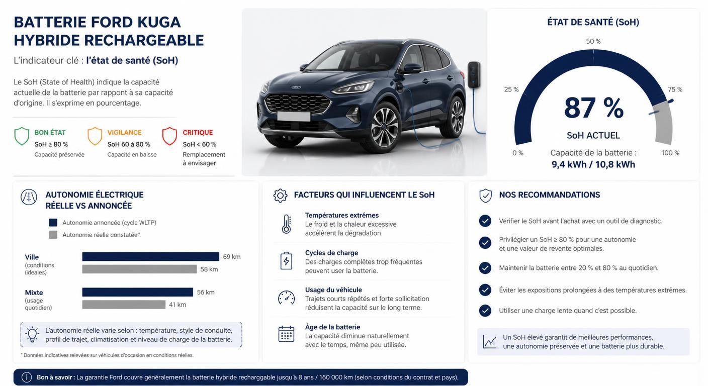 Infographie sur l'état de santé de la batterie d'un Ford Kuga hybride rechargeable d'occasion