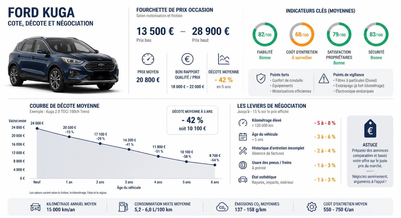 Infographie de la cote occasion et de la fourchette de négociation d'un Ford Kuga