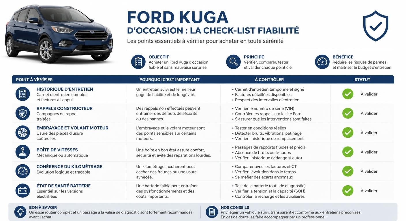 Infographie checklist pour acheter un Ford Kuga d'occasion fiable