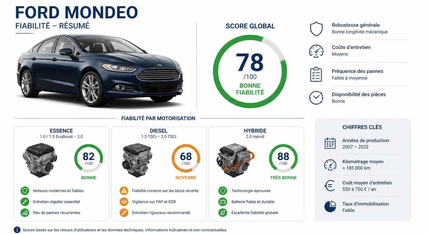 Infographie de synthèse de la fiabilité de la Ford Mondeo par motorisation