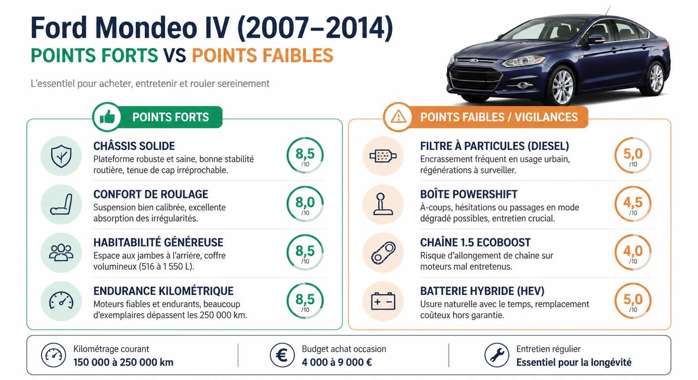 Infographie des points forts et points faibles de la Ford Mondeo IV