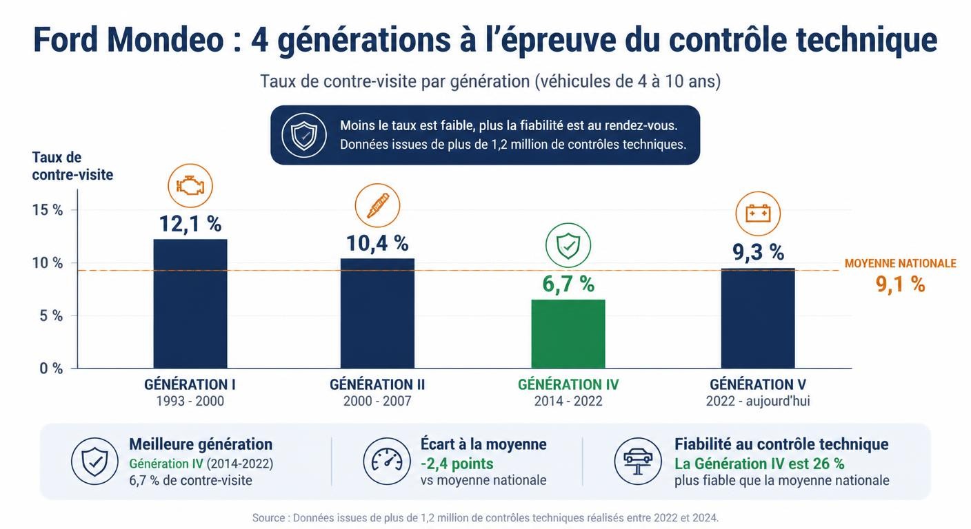 Infographie comparant les taux de contre-visite des quatre générations de Ford Mondeo