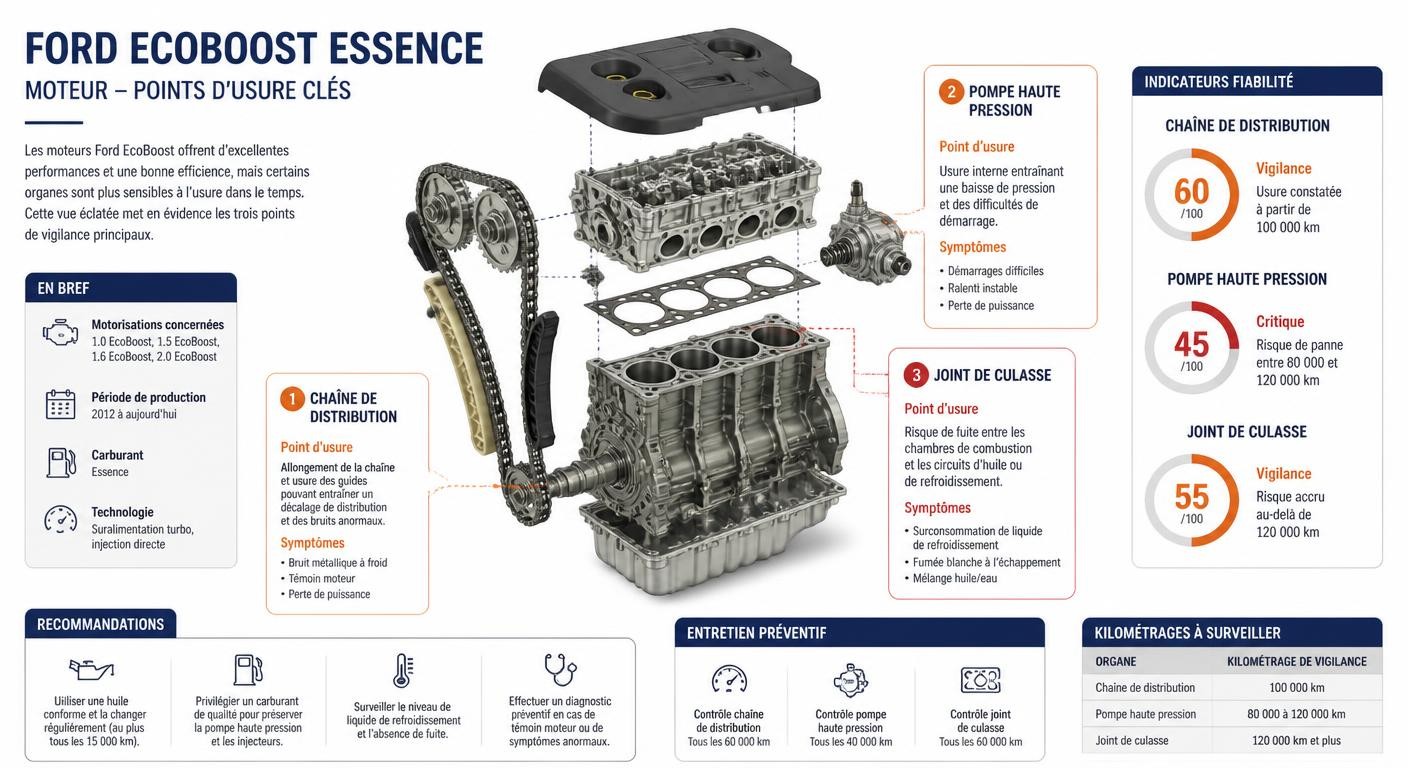 Infographie des points de vigilance des moteurs essence EcoBoost de la Ford Mondeo