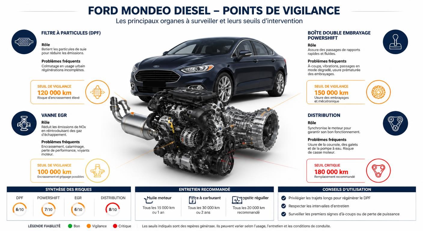 Infographie des pannes fréquentes des moteurs diesel TDCi de la Ford Mondeo