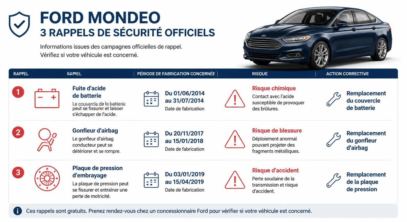Infographie des trois rappels constructeur officiels de la Ford Mondeo