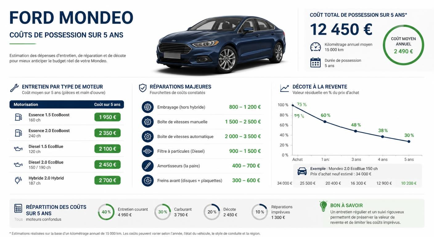 Infographie du coût d'entretien et de la cote occasion de la Ford Mondeo