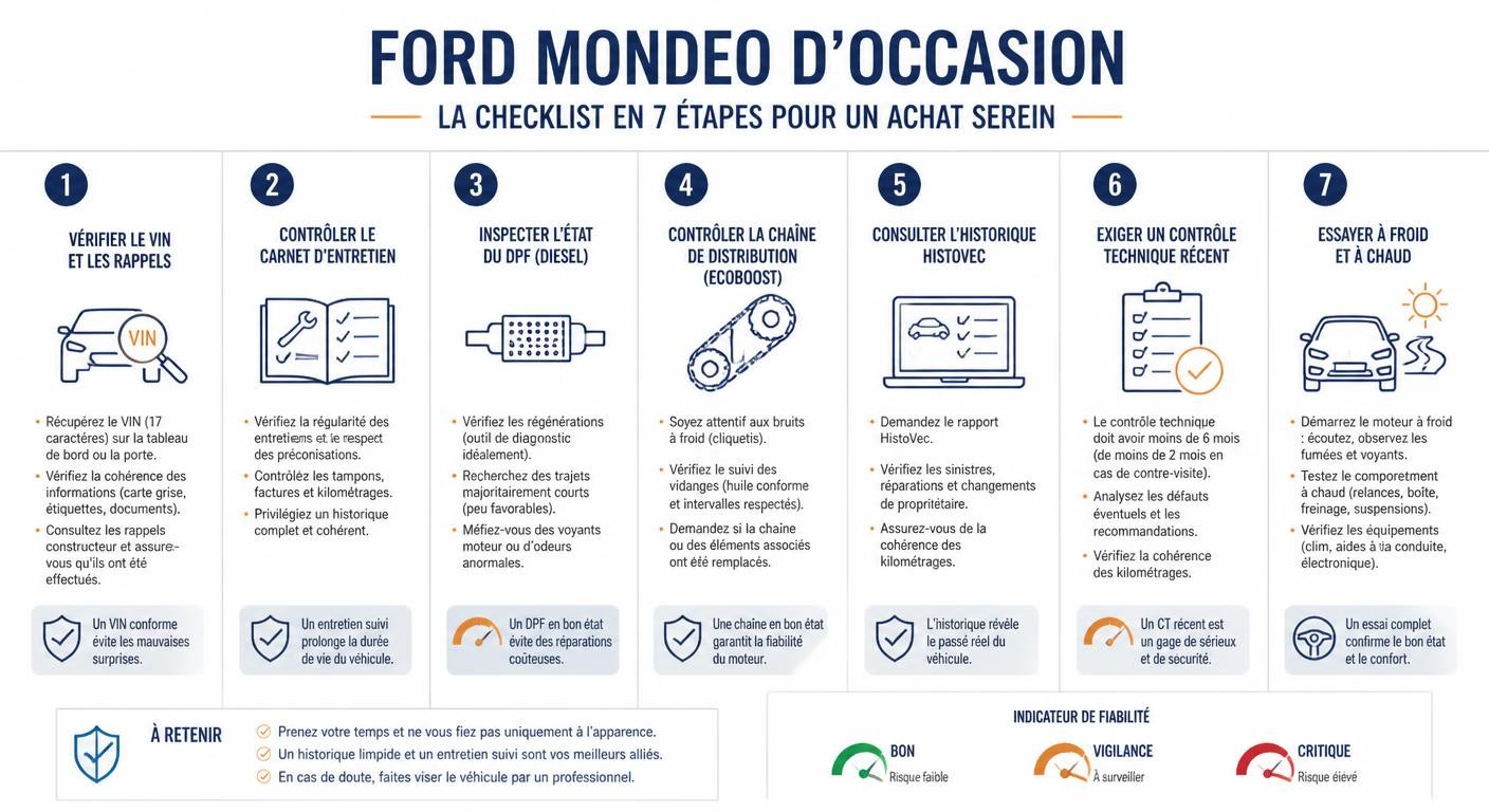 Infographie checklist d'achat d'une Ford Mondeo d'occasion en 9 étapes clés