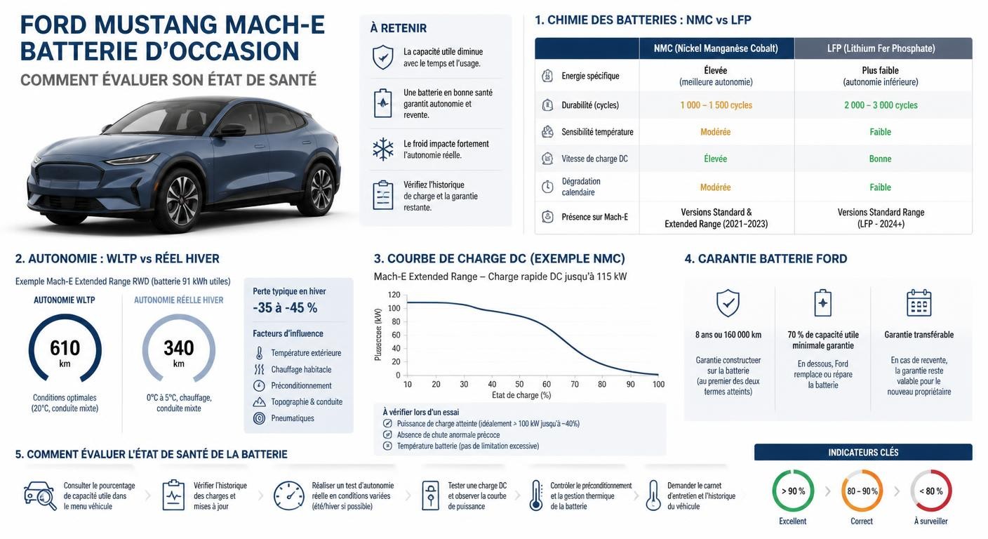 Infographie sur l'état de santé de la batterie d'une Ford Mustang Mach-E d'occasion