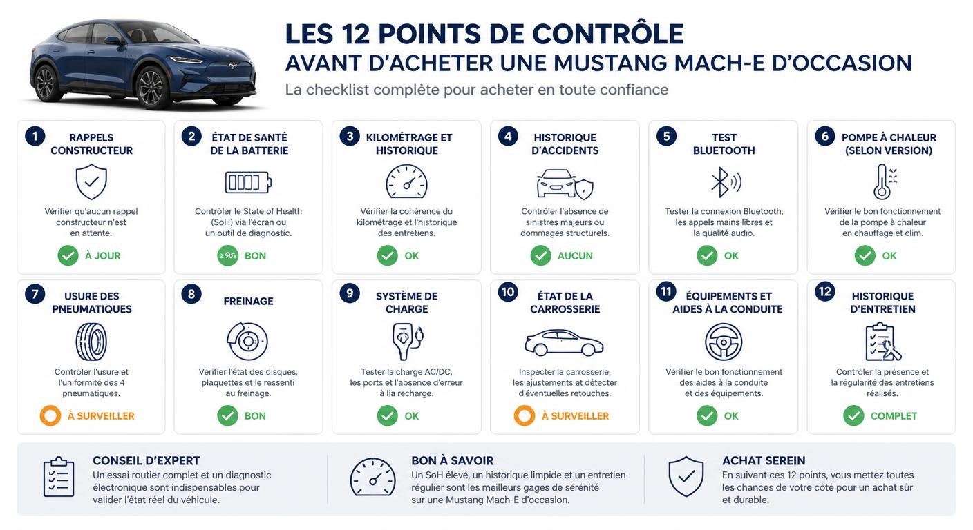 Infographie de la checklist d'inspection d'une Ford Mustang Mach-E d'occasion