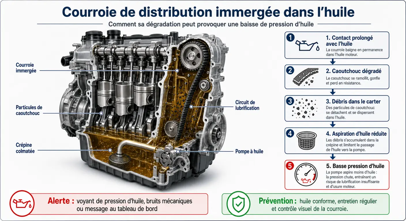 Infographie technique expliquant la courroie de distribution immergée du moteur 1.0 EcoBoost
