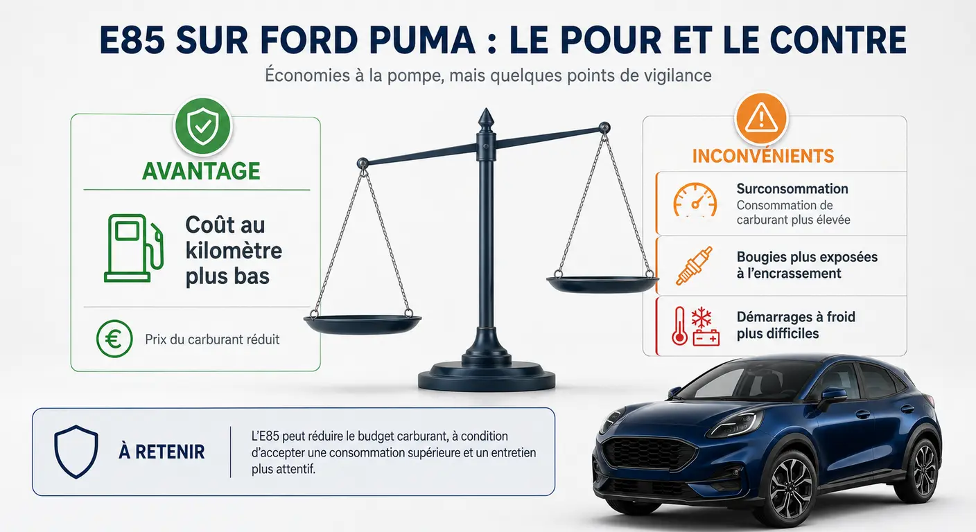 Infographie sur les avantages et inconvénients de la version Ford Puma Flexifuel E85