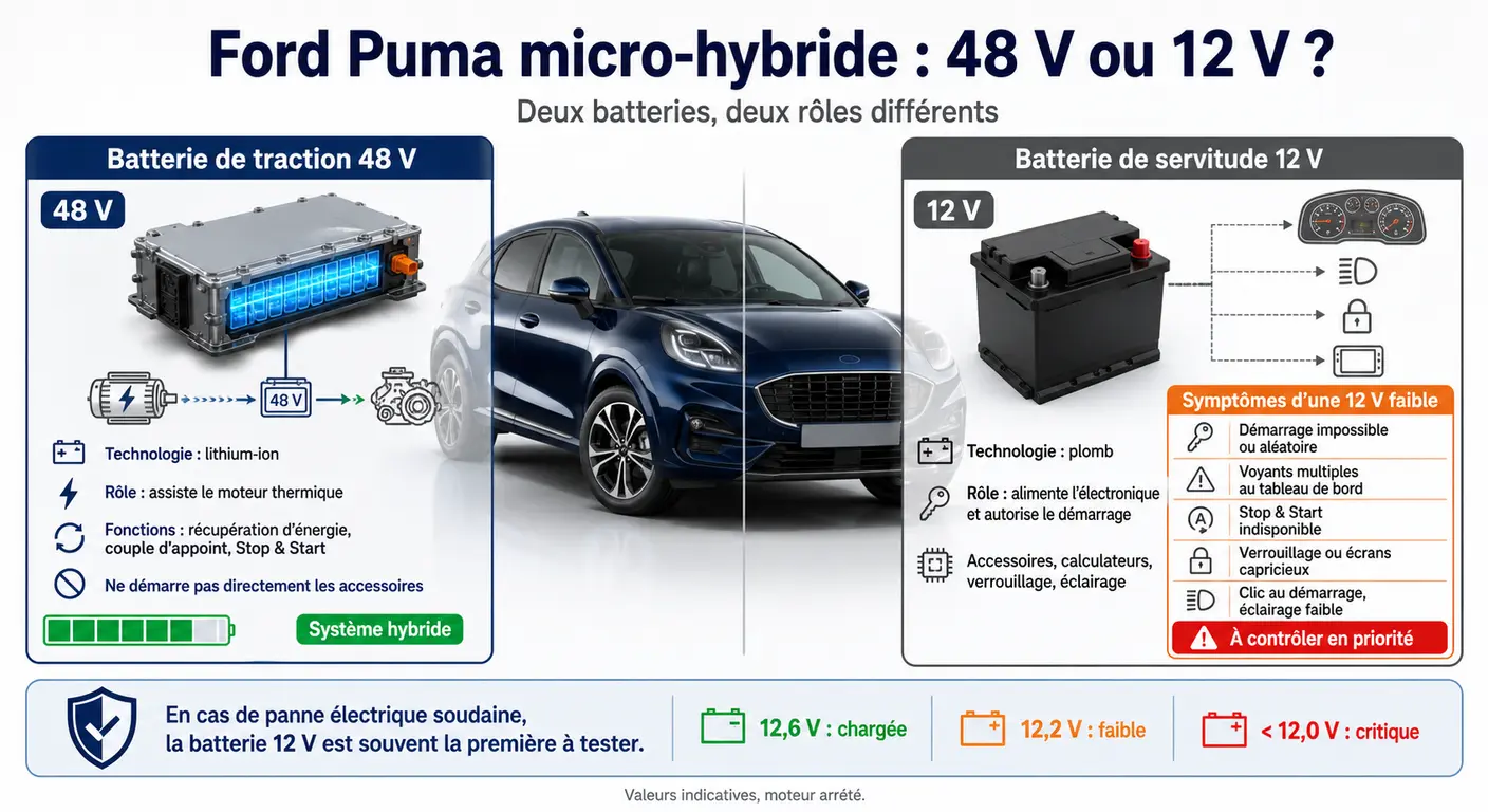 Infographie distinguant la batterie 48V et la batterie 12V de la Ford Puma micro-hybride