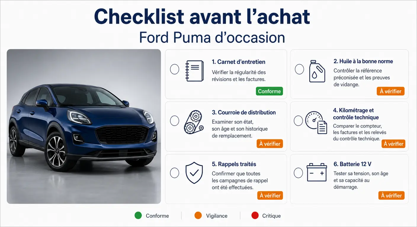 Infographie checklist des points à vérifier avant d'acheter une Ford Puma d'occasion