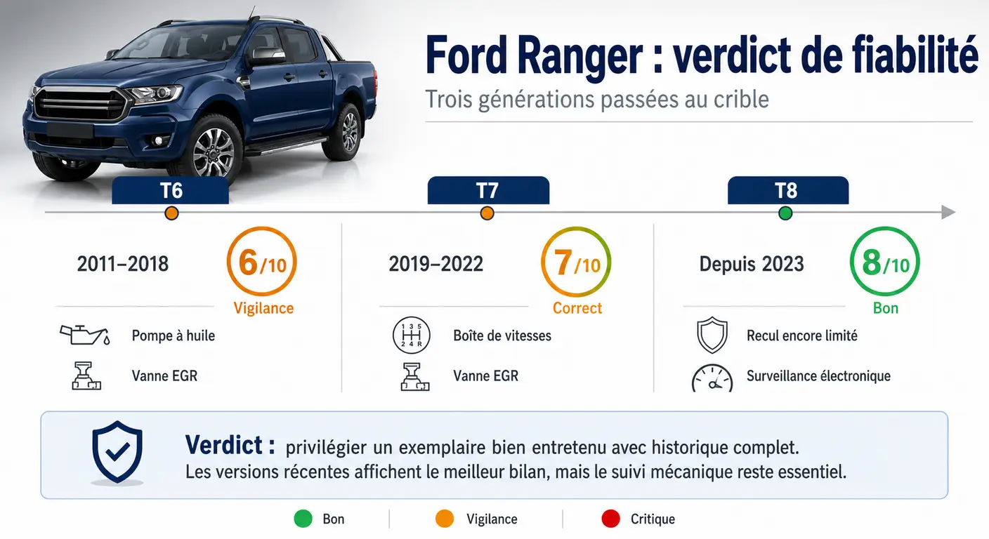 Infographie de synthèse sur la fiabilité du Ford Ranger par génération