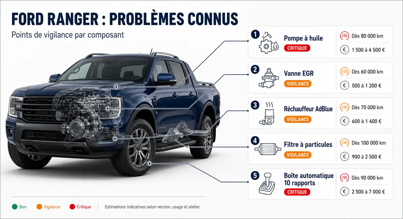 Infographie des problèmes connus du Ford Ranger par composant