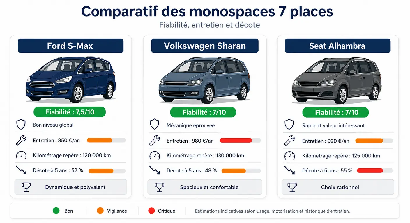 Infographie comparative Ford S-Max, Volkswagen Sharan et Seat Alhambra