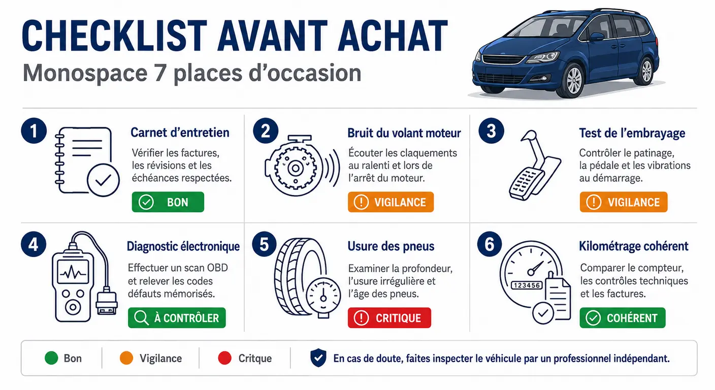 Infographie de la checklist d'inspection du Ford S-Max avant achat