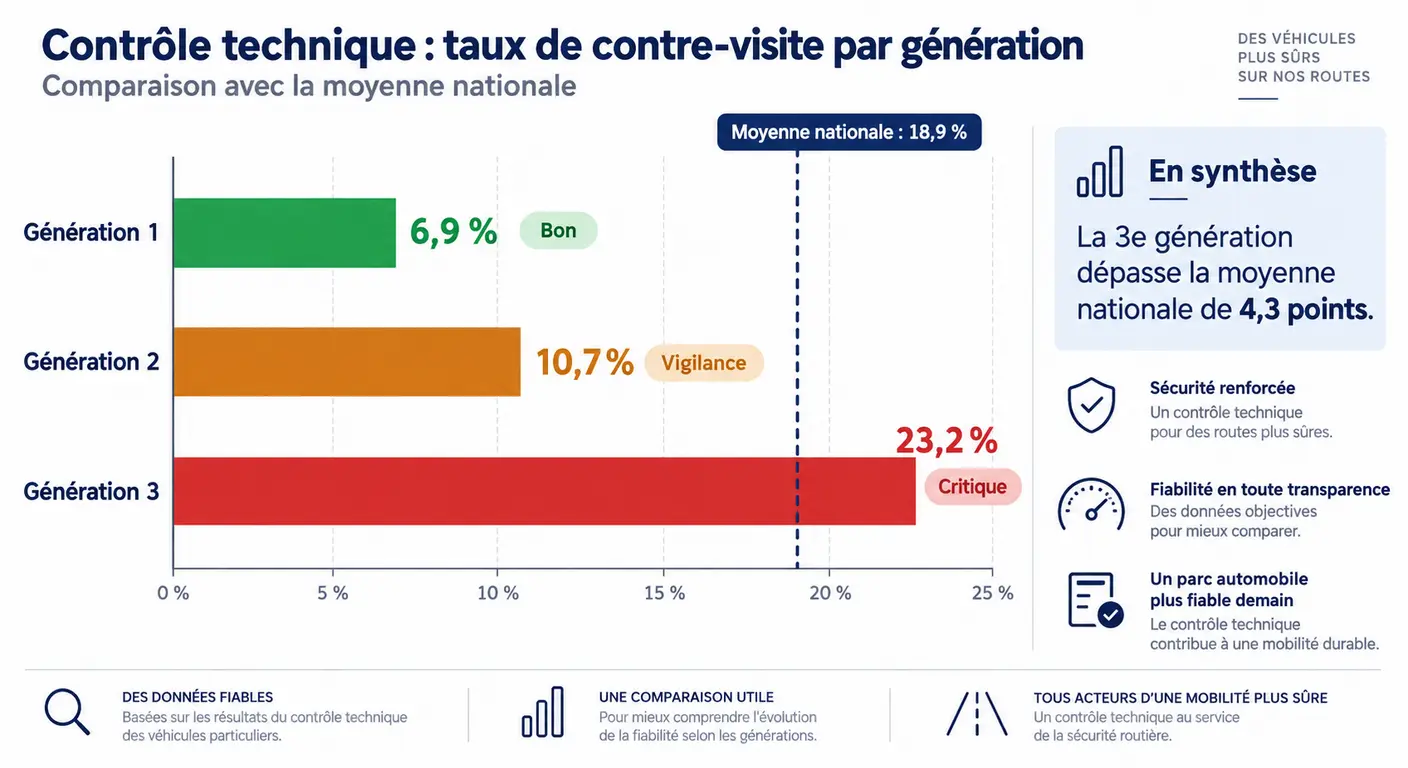 Graphique comparant les taux de contre-visite des trois générations de Hyundai i10 à la moyenne nationale
