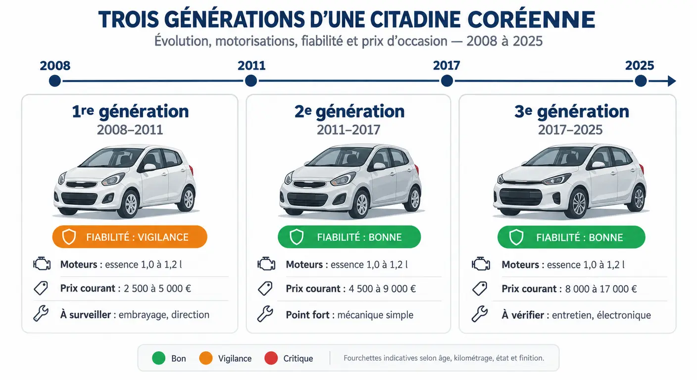 Frise des trois générations de Hyundai i10 avec niveau de fiabilité, moteurs et budget